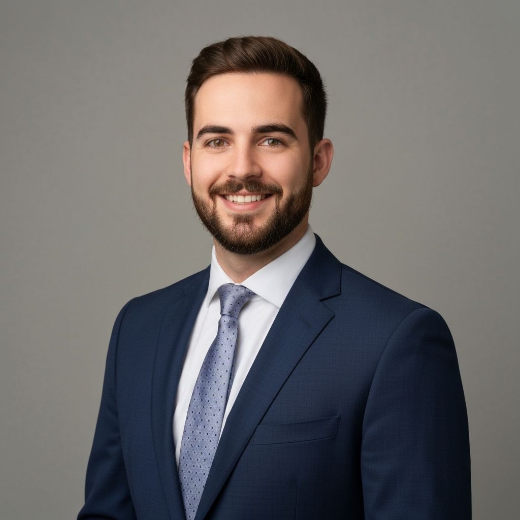 AI generated professional corporate headshot in navy suit